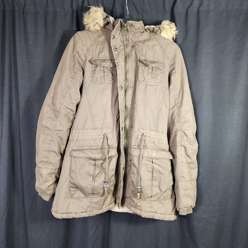 Snobbish Collection Women's Olive Green‎ Fur Lined Hooded Parka Jacket Medium